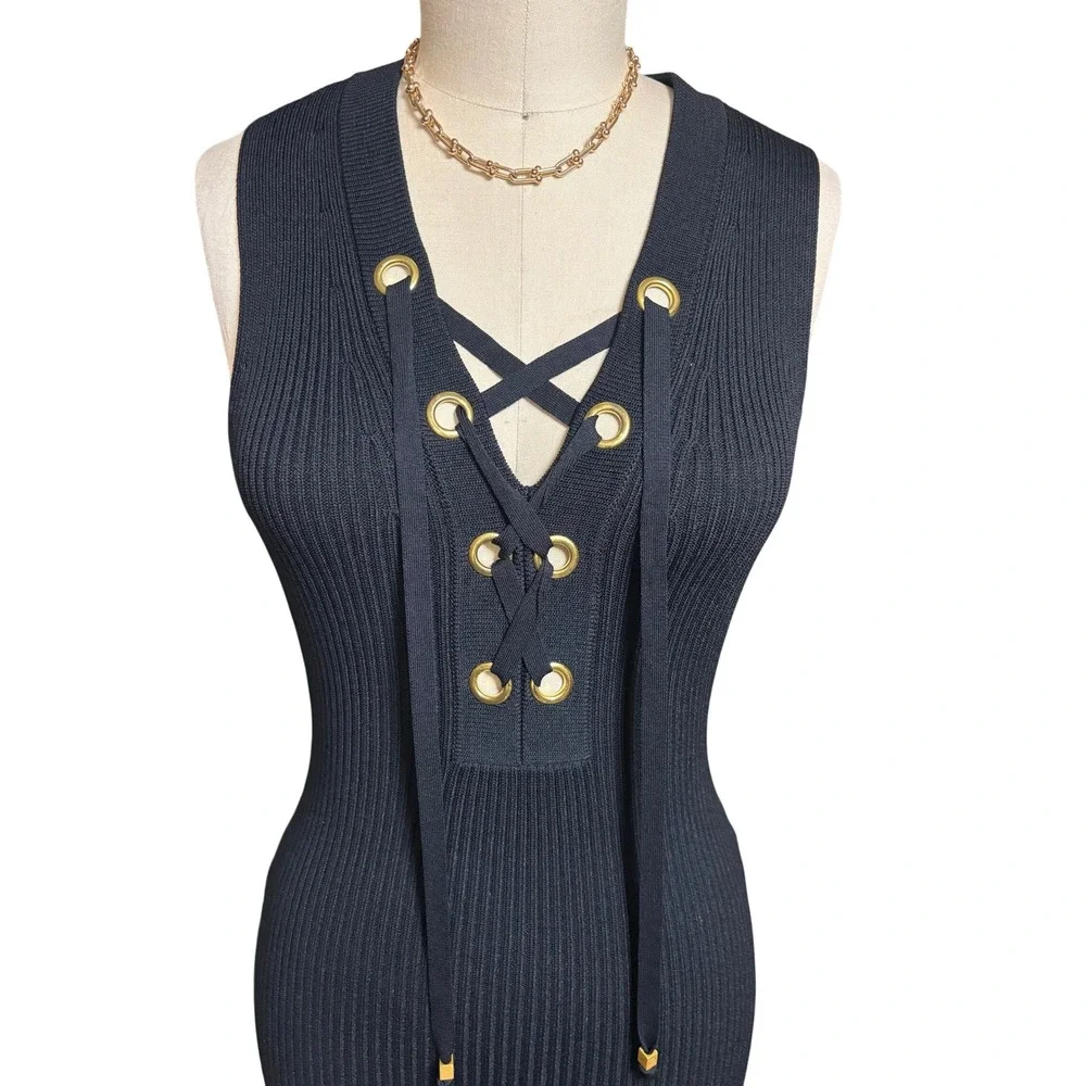 Lace Up Grommet Michael Kors Ribbed Knit Sheath Dress XS Black